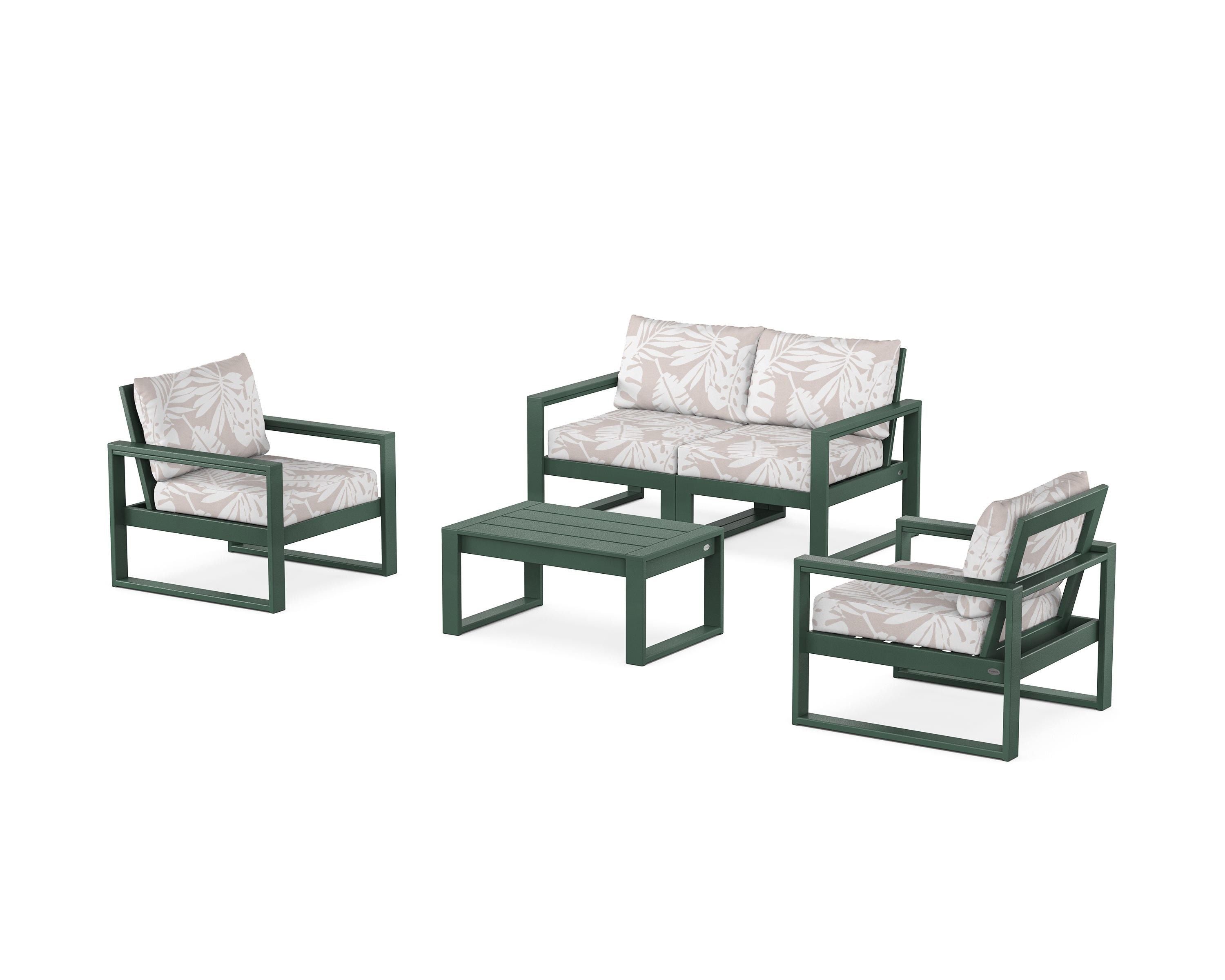 POLYWOOD® EDGE Sectional 4-Piece Deep Seating Set with Loveseat in Green / Leaf Dune Burlap