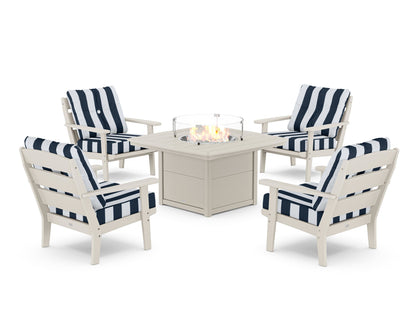 POLYWOOD® Lakeside 5-Piece Deep Seating Set with Nautical Fire Pit Table in Sand / Cabana Stripe Marine Indigo