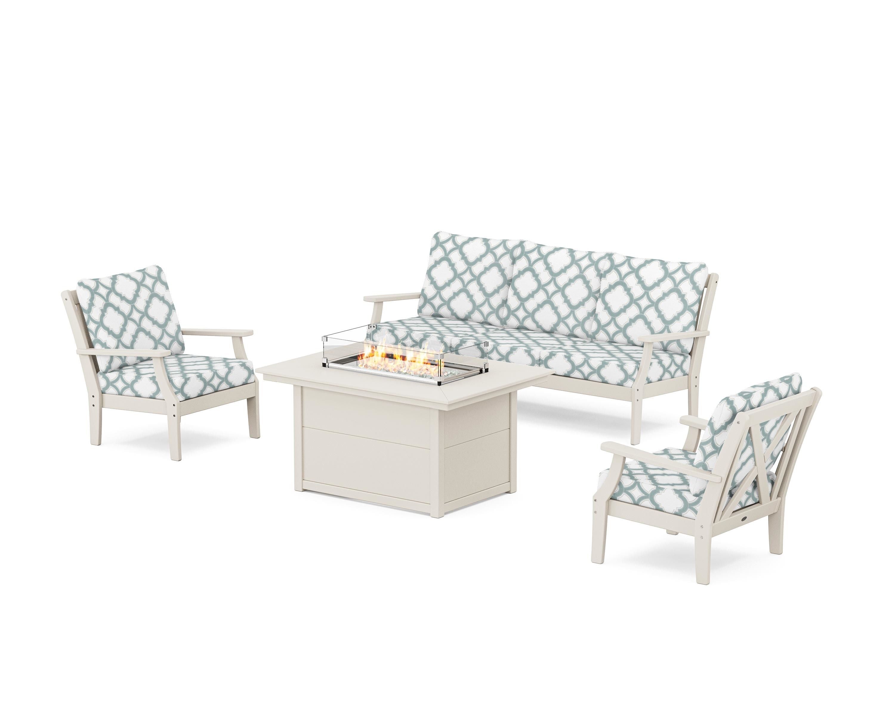 POLYWOOD® Braxton Deep Seating Fire Pit Table Set in Sand / Trellis Glacier Spa