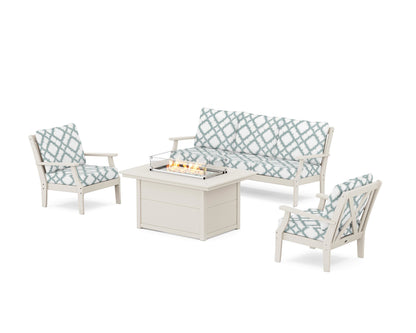 POLYWOOD® Braxton Deep Seating Fire Pit Table Set in Sand / Trellis Glacier Spa
