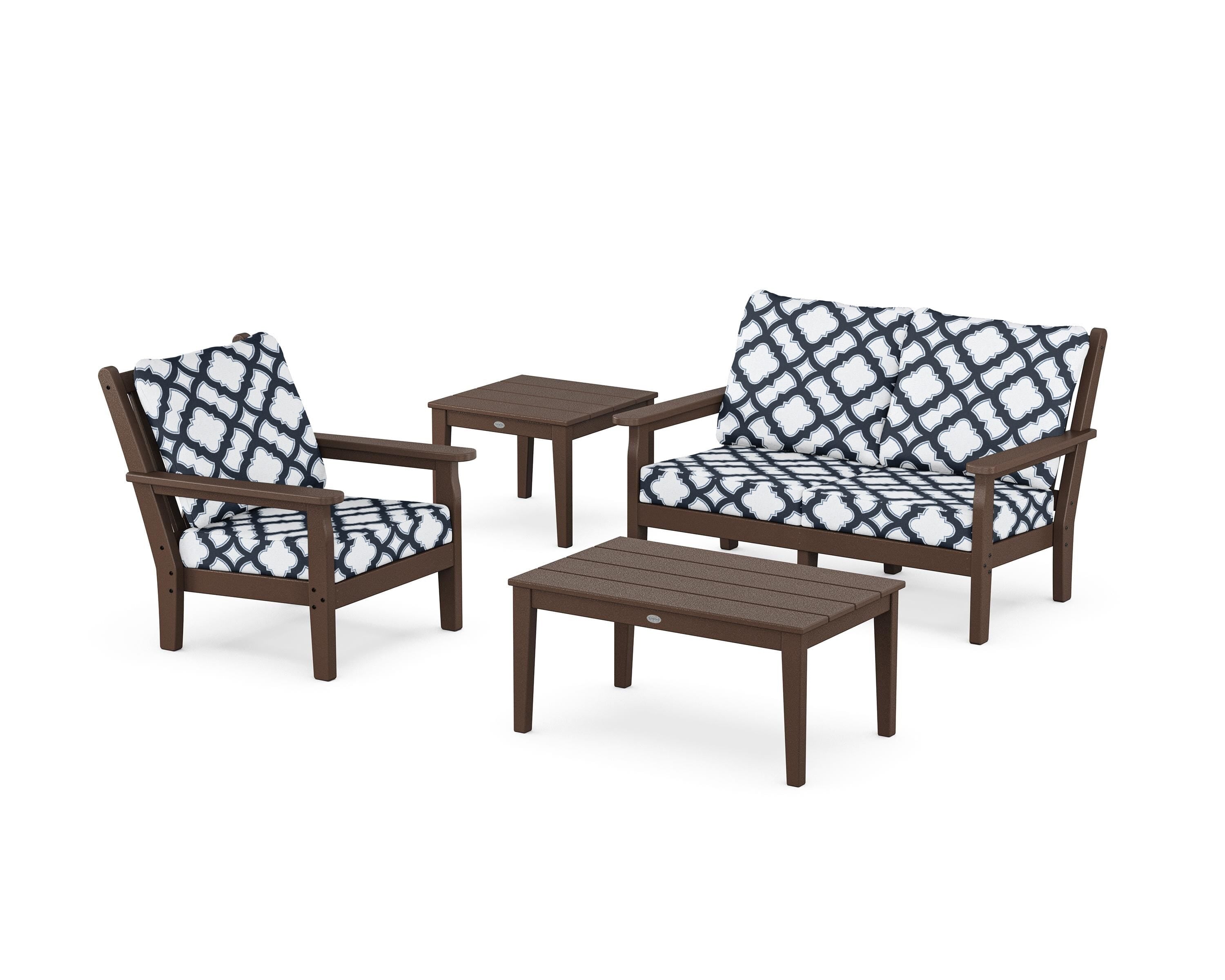 POLYWOOD® Chippendale 4-Piece Deep Seating Set in Mahogany / Trellis Marine Indigo