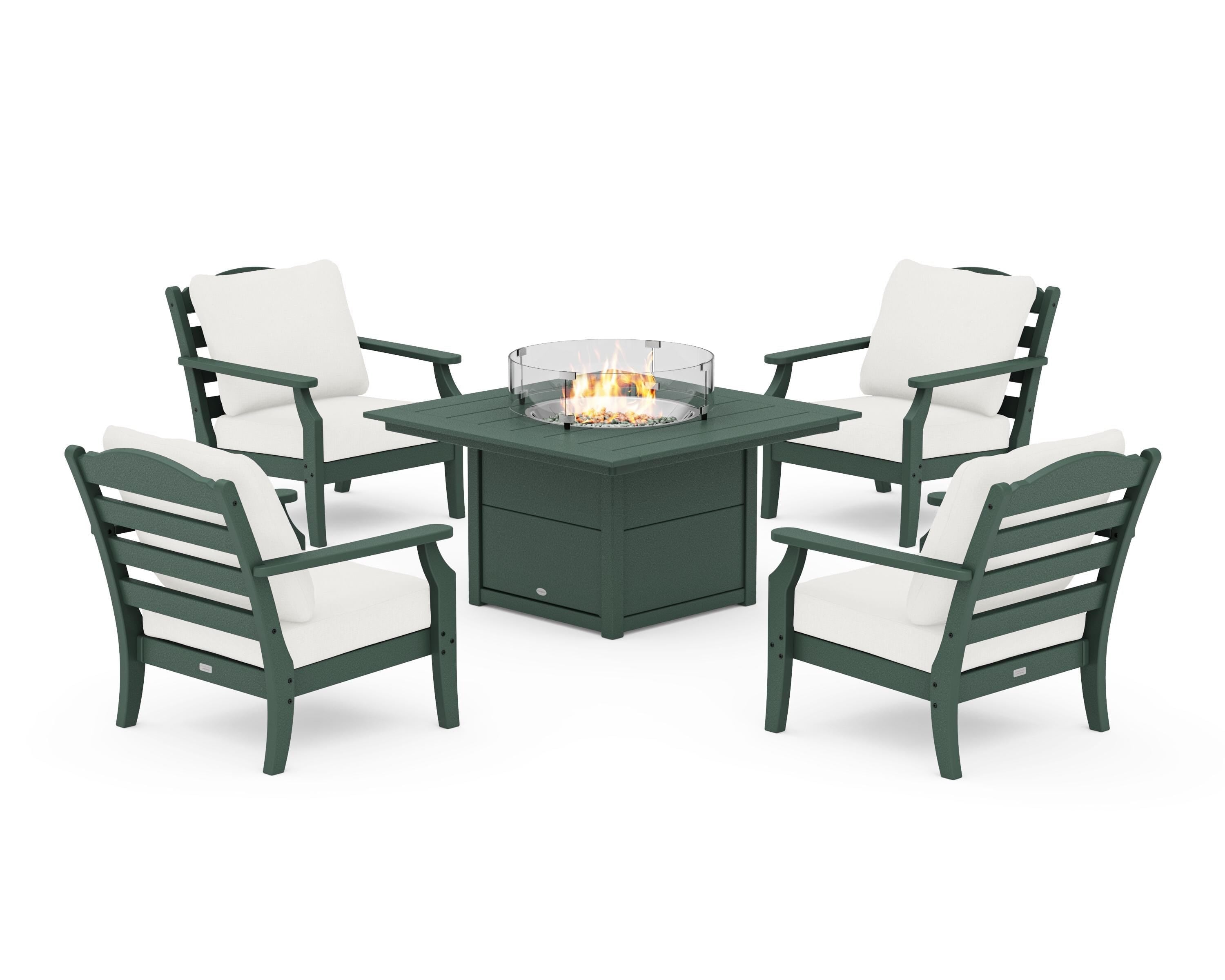 Draper James™ by  POLYWOOD® Savannah 5-Piece Deep Seating Set with Fire Pit Table in Green / Natural Linen