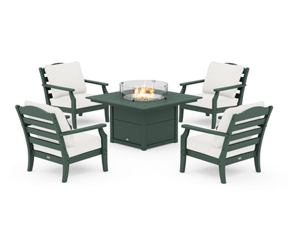 Draper James™ by  POLYWOOD® Savannah 5-Piece Deep Seating Set with Fire Pit Table in Green / Natural Linen