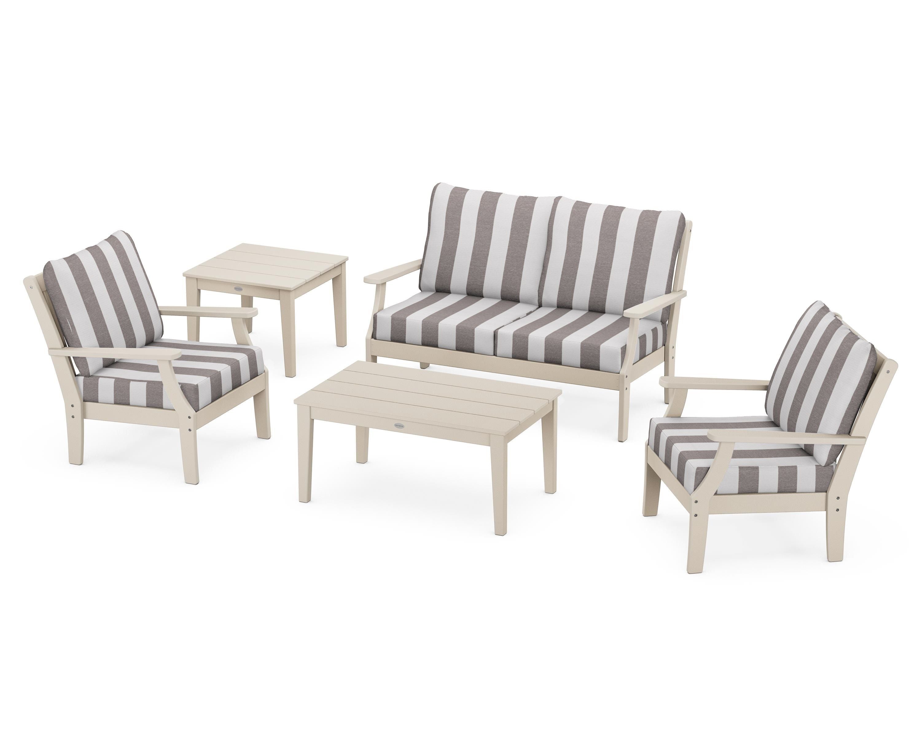 POLYWOOD® Braxton 5-Piece Deep Seating Set in Sand / Cabana Stripe Grey Mist