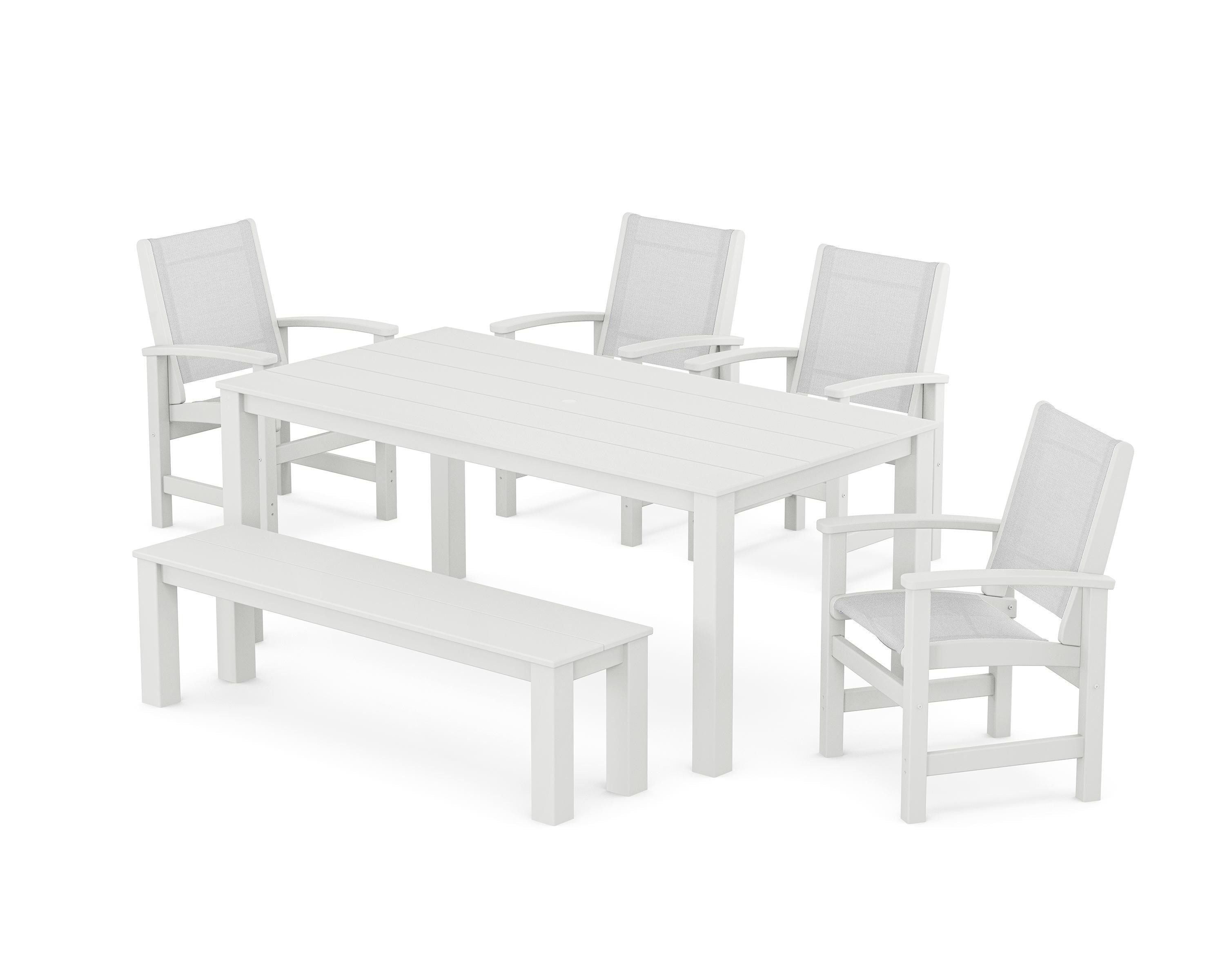 POLYWOOD® Coastal 6-Piece Parsons Dining Set with Bench in White / White Sling