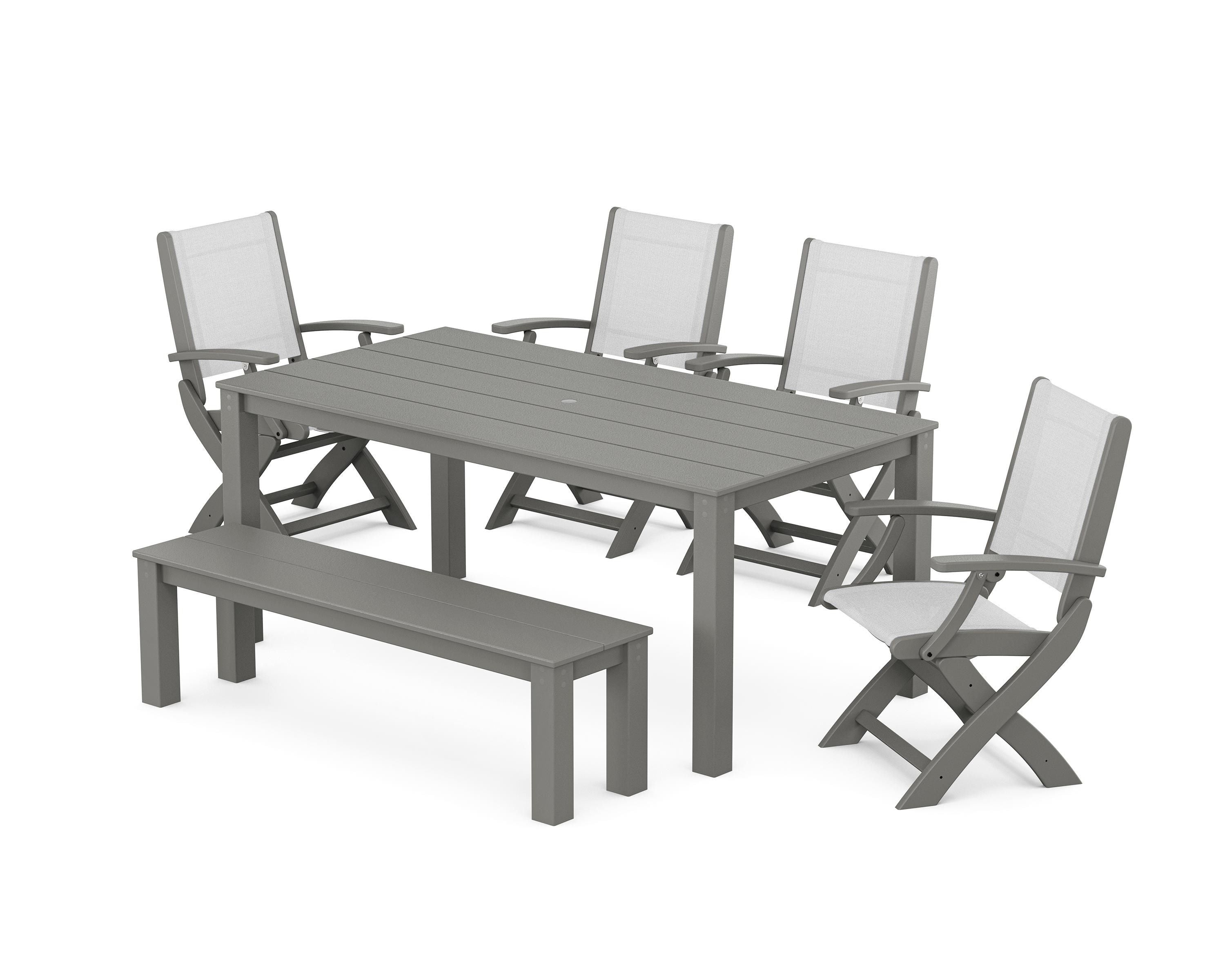POLYWOOD® Coastal Folding Chair 6-Piece Parsons Dining Set with Bench in Slate Grey / White Sling