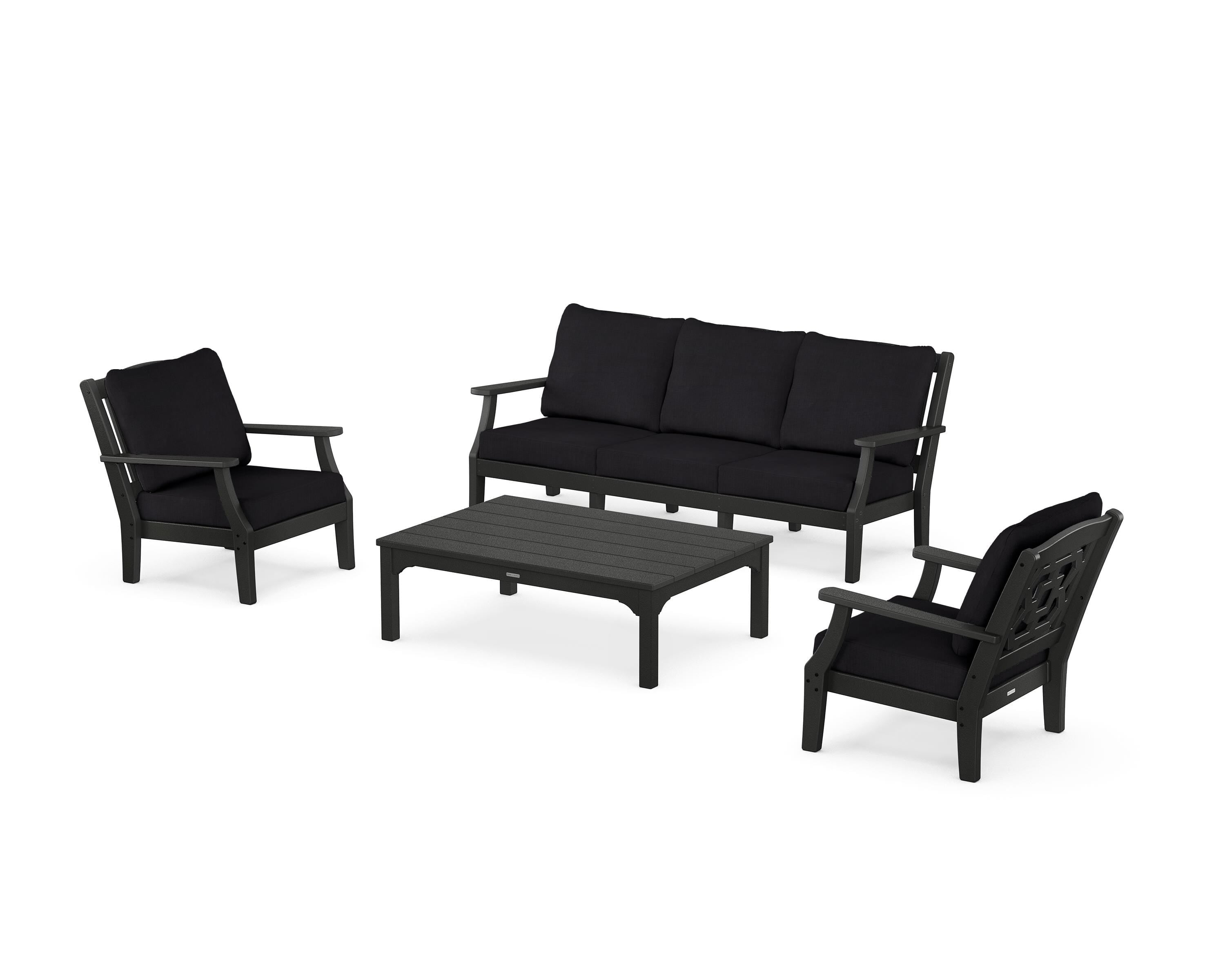 Martha Stewart by POLYWOOD® Chinoiserie 4-Piece Deep Seating Set with Sofa in Black / Midnight Linen