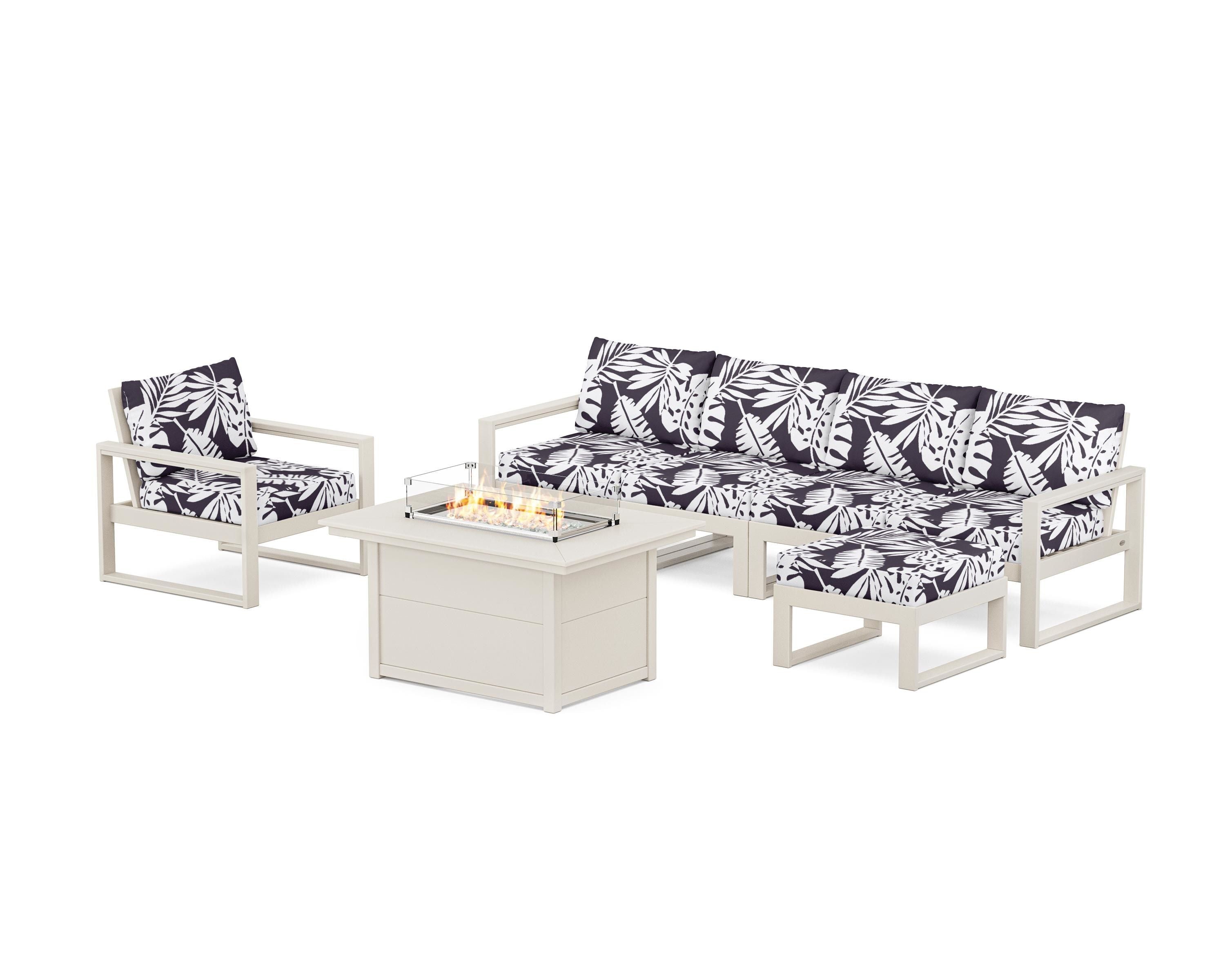 POLYWOOD® EDGE Sectional Lounge and Fire Pit Set in Sand / Leaf Navy