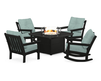 POLYWOOD® Vineyard 5-Piece Deep Seating Rocking Chair Conversation Set with Fire Pit Table in Black / Glacier Spa