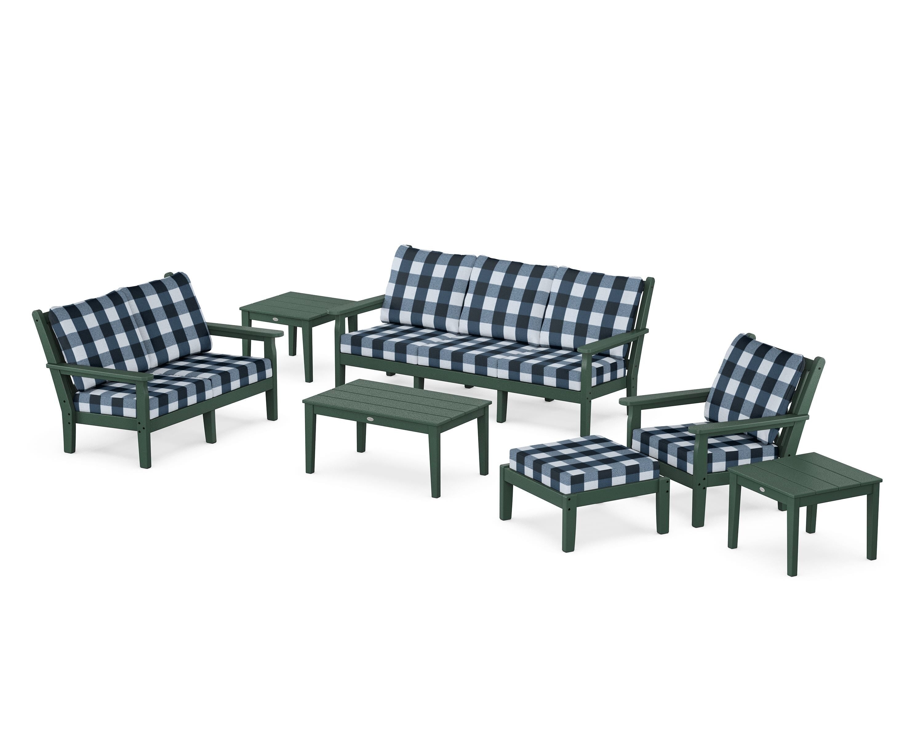 POLYWOOD® Chippendale 7-Piece Deep Seating Set in Green / Buffalo Plaid Marine Indigo