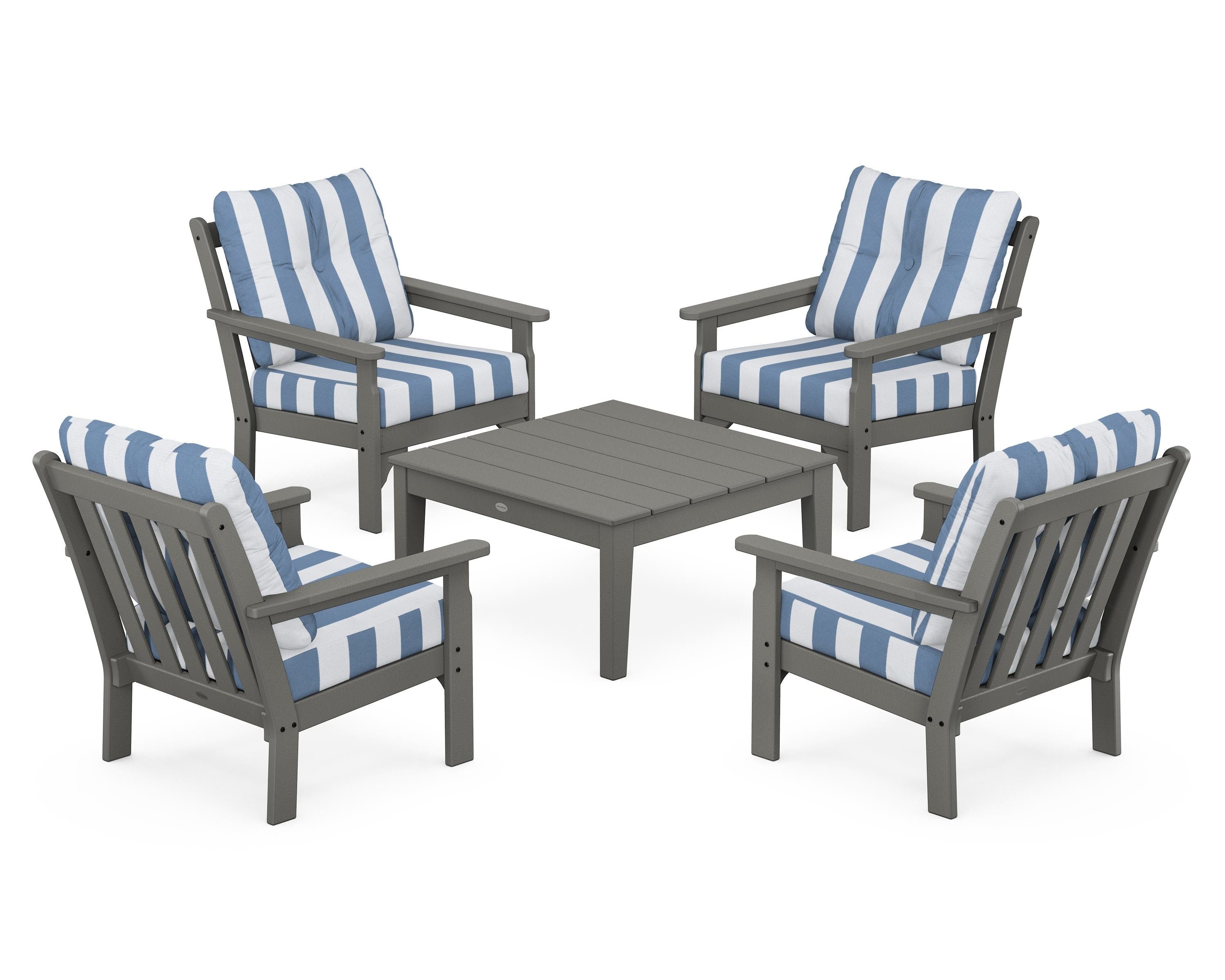 POLYWOOD® Vineyard 5-Piece Deep Seating Conversation Set in Slate Grey / Cabana Stripe Sky Blue