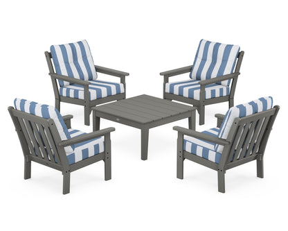 POLYWOOD® Vineyard 5-Piece Deep Seating Conversation Set in Slate Grey / Cabana Stripe Sky Blue