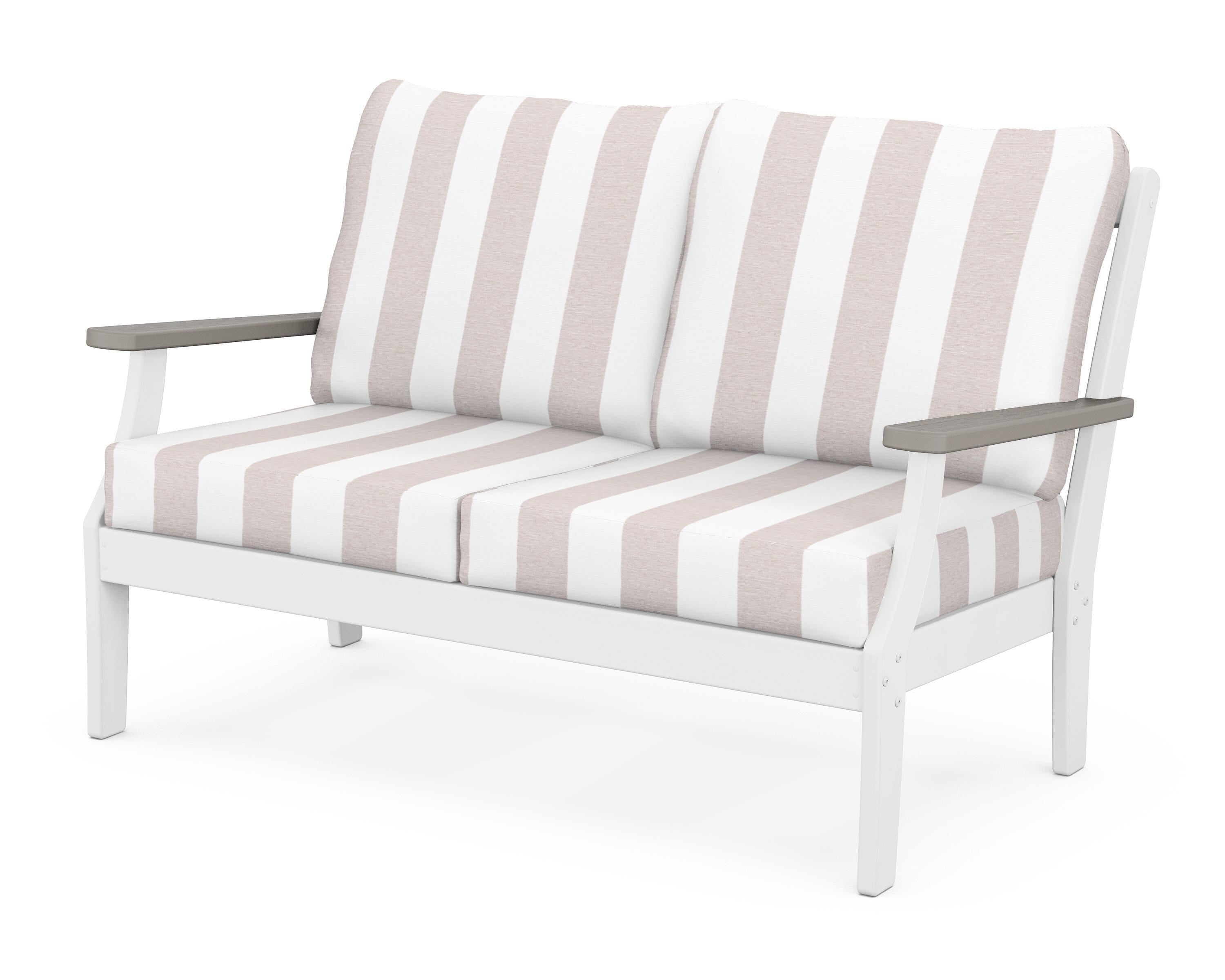 POLYWOOD® Braxton Deep Seating Loveseat in White / Driftwood / Cabana Stripe Dune Burlap