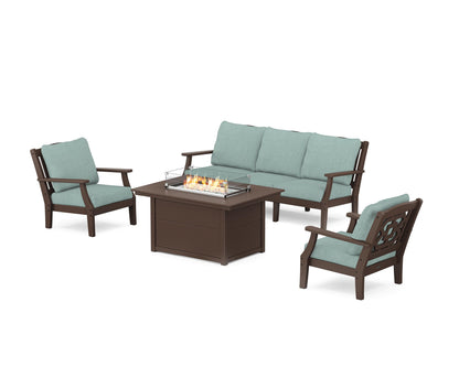 Martha Stewart by POLYWOOD® Chinoiserie Deep Seating Fire Pit Table Set in Mahogany / Glacier Spa