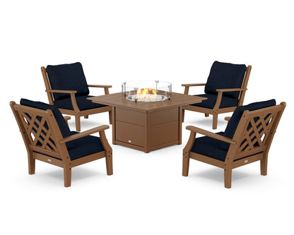 Country Living Wovendale 5-Piece Deep Seating Set with Fire Pit Table in Teak / Marine Indigo
