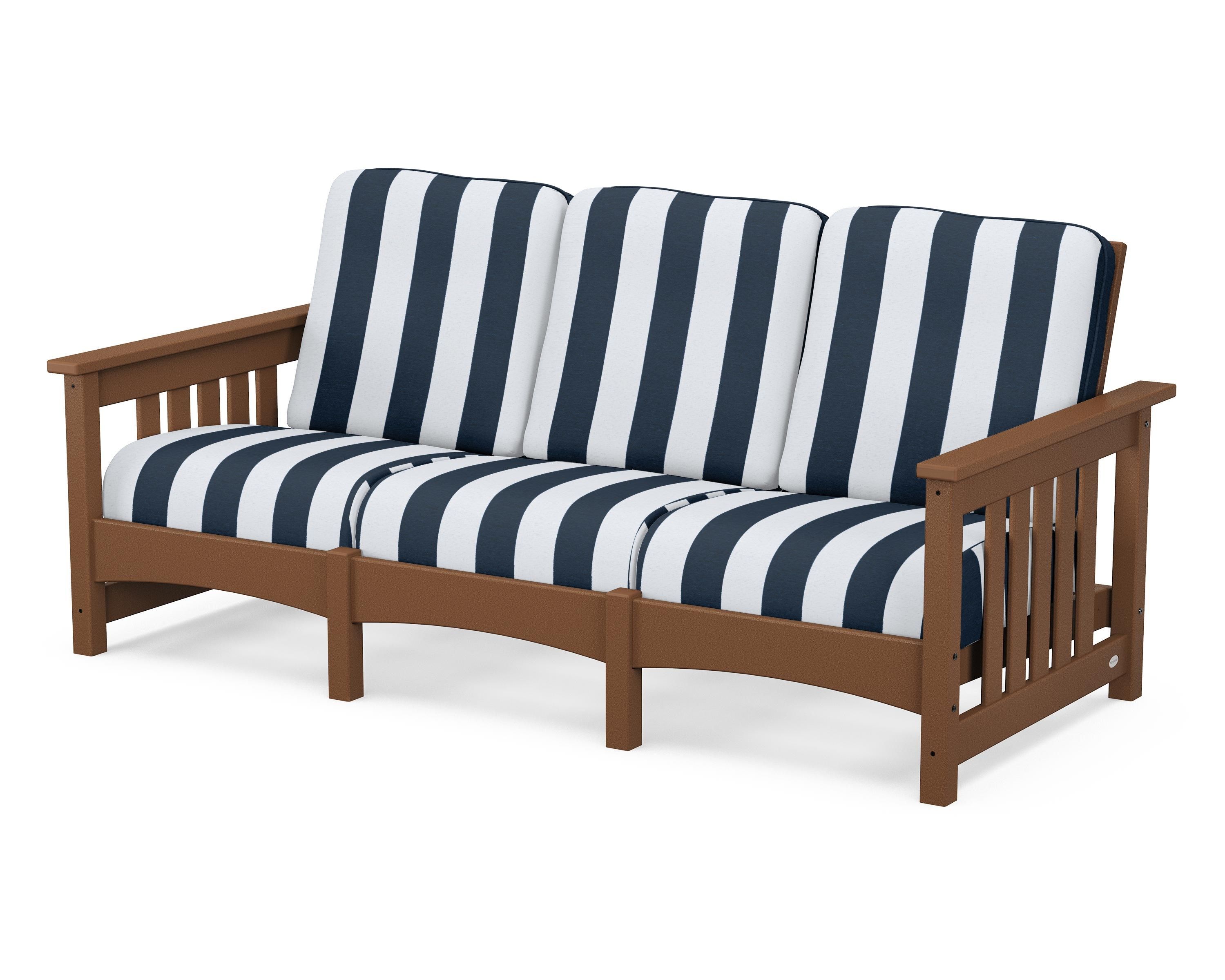 POLYWOOD® Club Mission Sofa in Teak / Cabana Stripe Marine Indigo