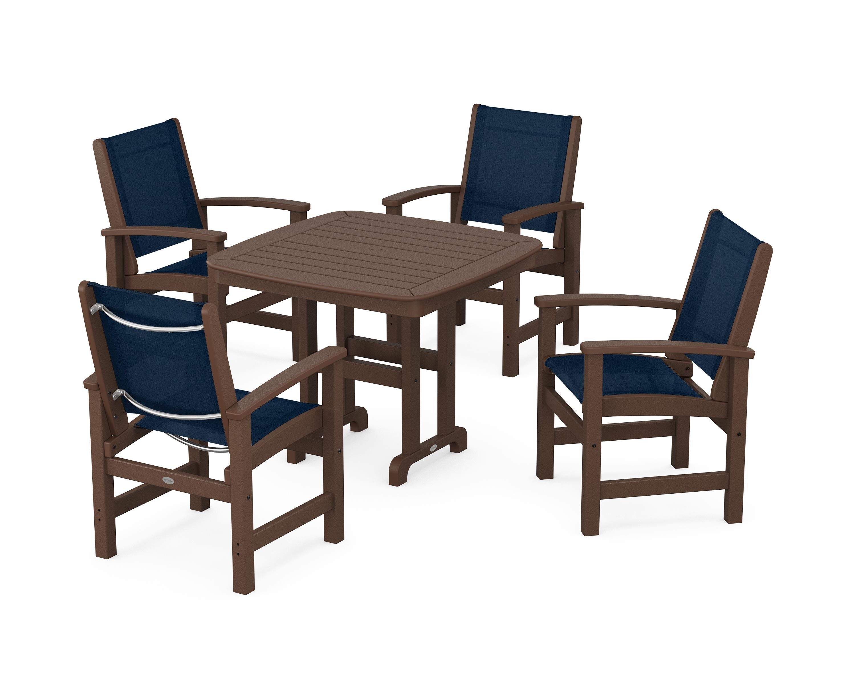 POLYWOOD® Coastal 5-Piece Dining Set in Mahogany / Navy Blue Sling