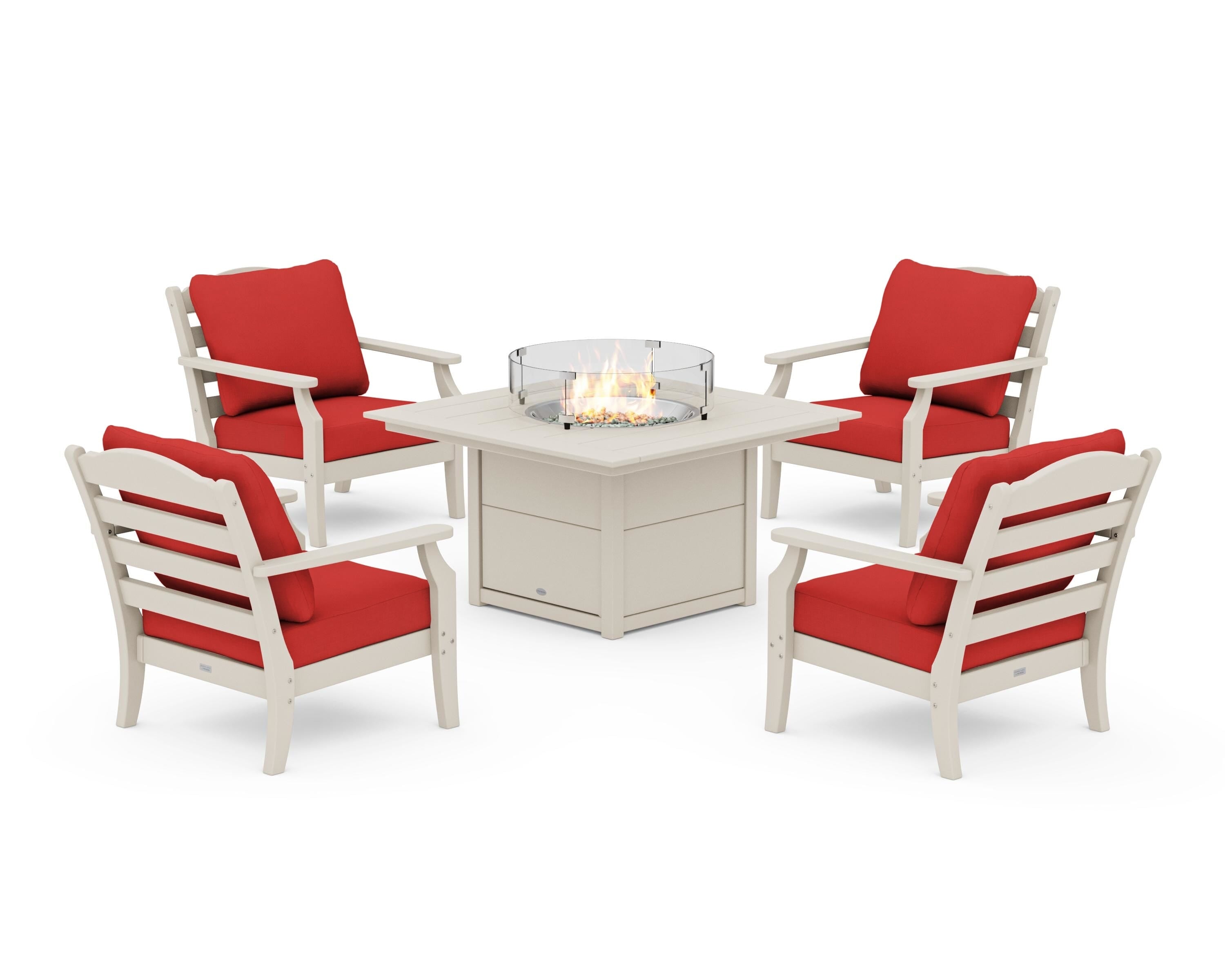 Draper James™ by  POLYWOOD® Savannah 5-Piece Deep Seating Set with Fire Pit Table in Sand / Crimson Linen