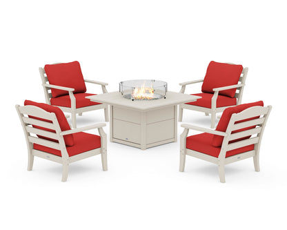 Draper James™ by  POLYWOOD® Savannah 5-Piece Deep Seating Set with Fire Pit Table in Sand / Crimson Linen