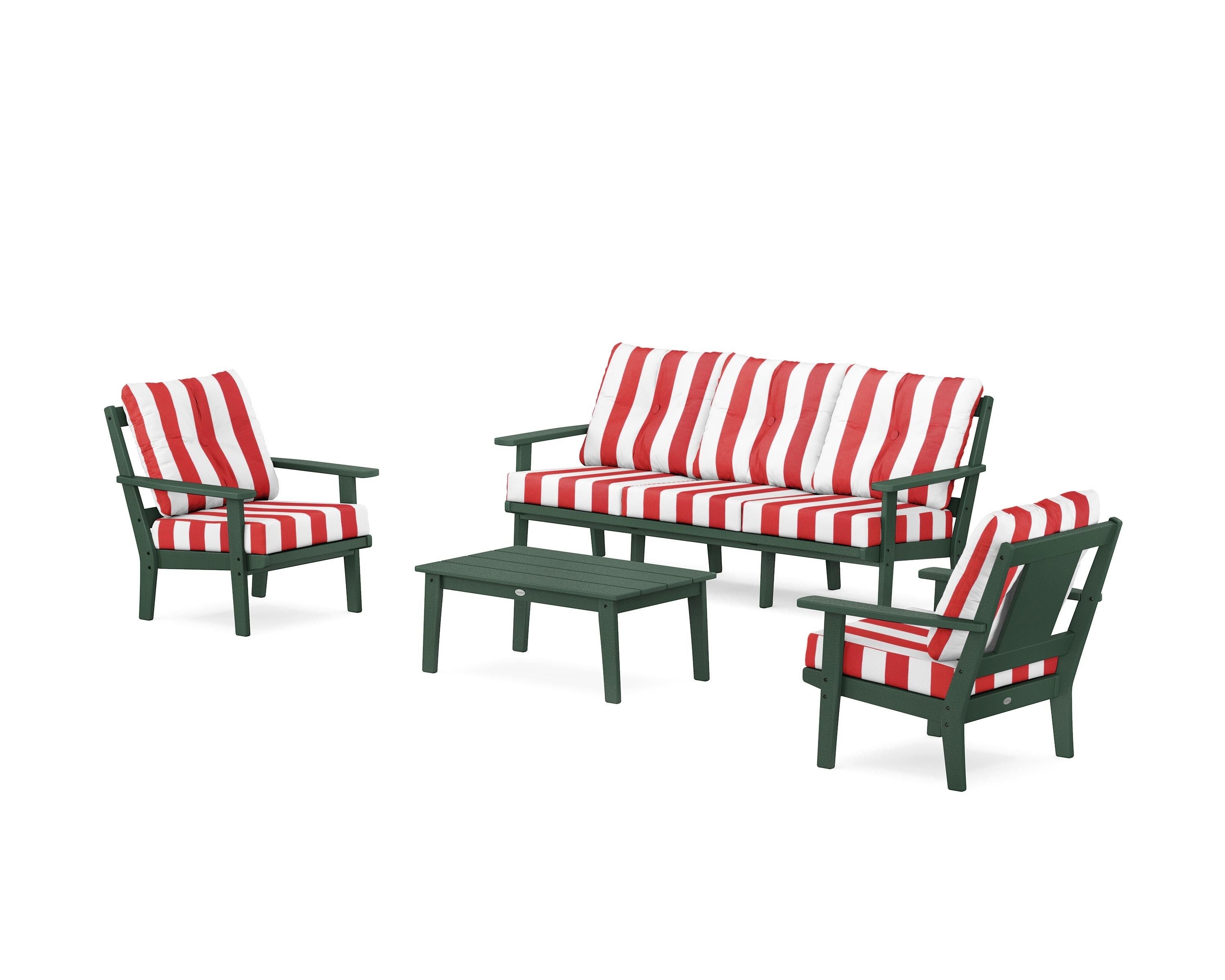 POLYWOOD® Prairie 4-Piece Deep Seating Set with Sofa in Green / Cabana Stripe Crimson