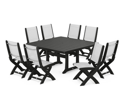 POLYWOOD® Coastal Folding Side Chair 9-Piece Dining Set with Trestle Legs in Black / White Sling