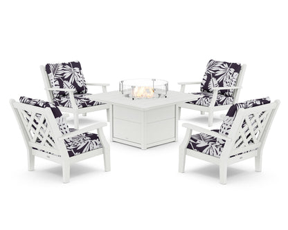 Country Living Wovendale 5-Piece Deep Seating Set with Fire Pit Table in White / Leaf Navy