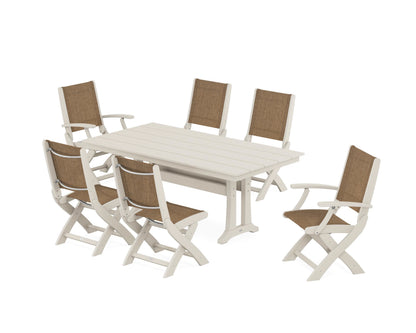 POLYWOOD® Coastal Folding Chair 7-Piece Farmhouse Dining Set with Trestle Legs in Sand / Burlap Sling