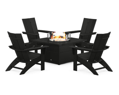 POLYWOOD® Modern Curveback Adirondack 5-Piece Conversation Set with Fire Pit Table in Black