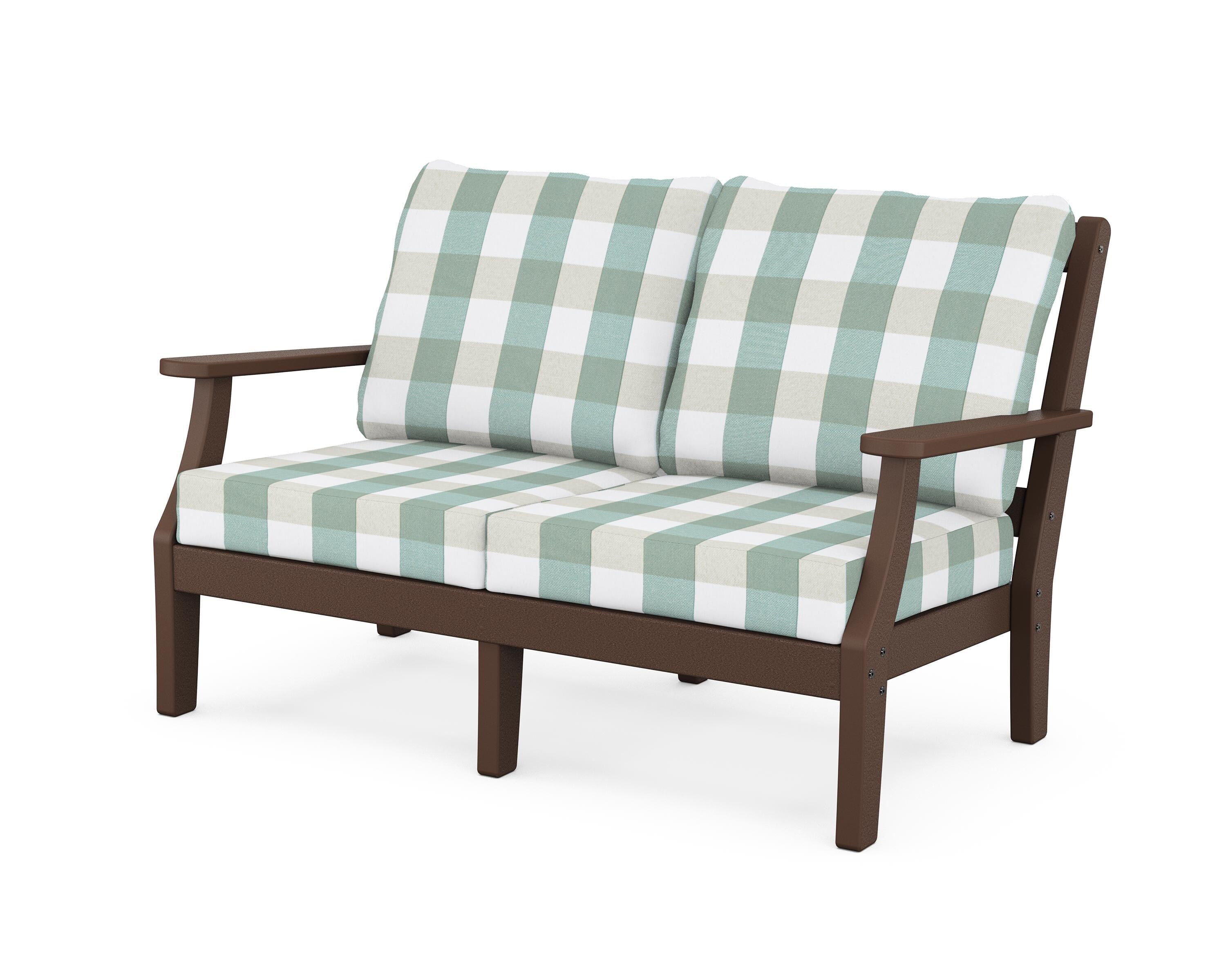 Martha Stewart by POLYWOOD® Chinoiserie Deep Seating Loveseat in Mahogany / Buffalo Plaid Glacier Spa