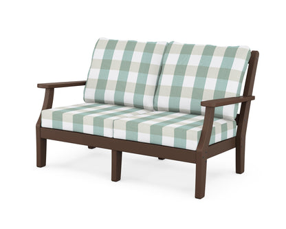 Martha Stewart by POLYWOOD® Chinoiserie Deep Seating Loveseat in Mahogany / Buffalo Plaid Glacier Spa