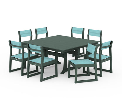 POLYWOOD® EDGE Sling Side Chair 9-Piece Farmhouse Trestle Dining Set in Green / Dupioni Aquamarine Sling