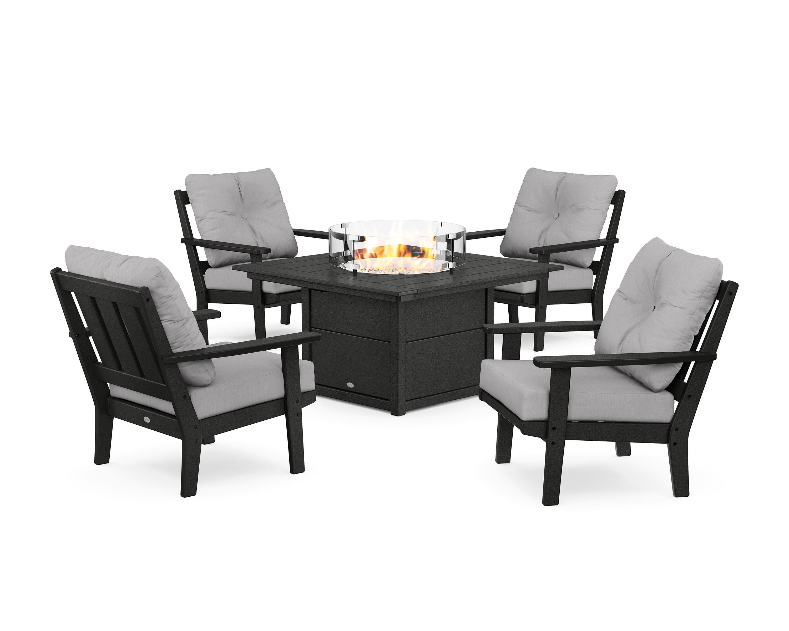 POLYWOOD® Oxford 5-Piece Deep Seating Set with Fire Pit Table in Black / Granite