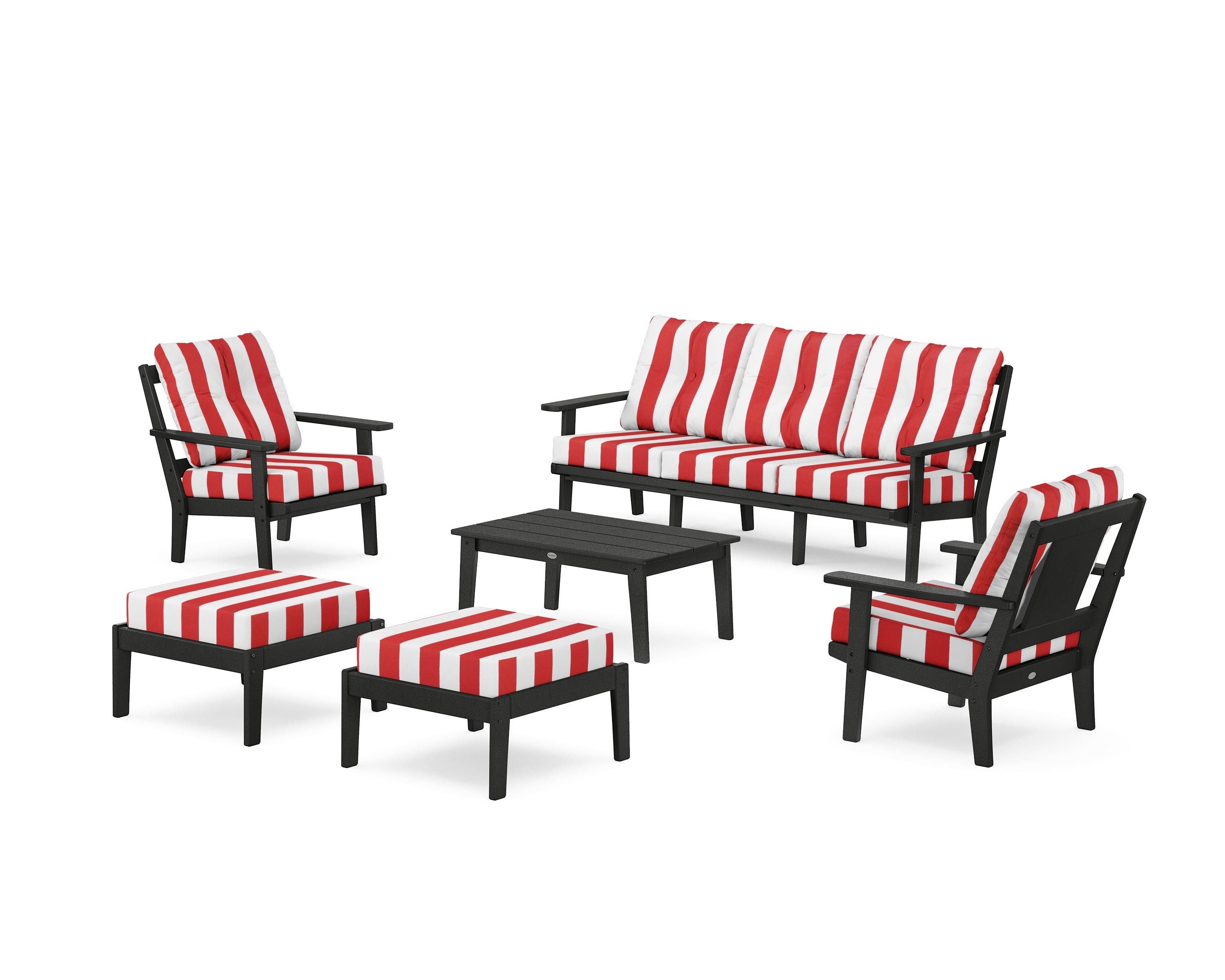 POLYWOOD® Prairie 6-Piece Lounge Sofa Set in Black / Cabana Stripe Crimson