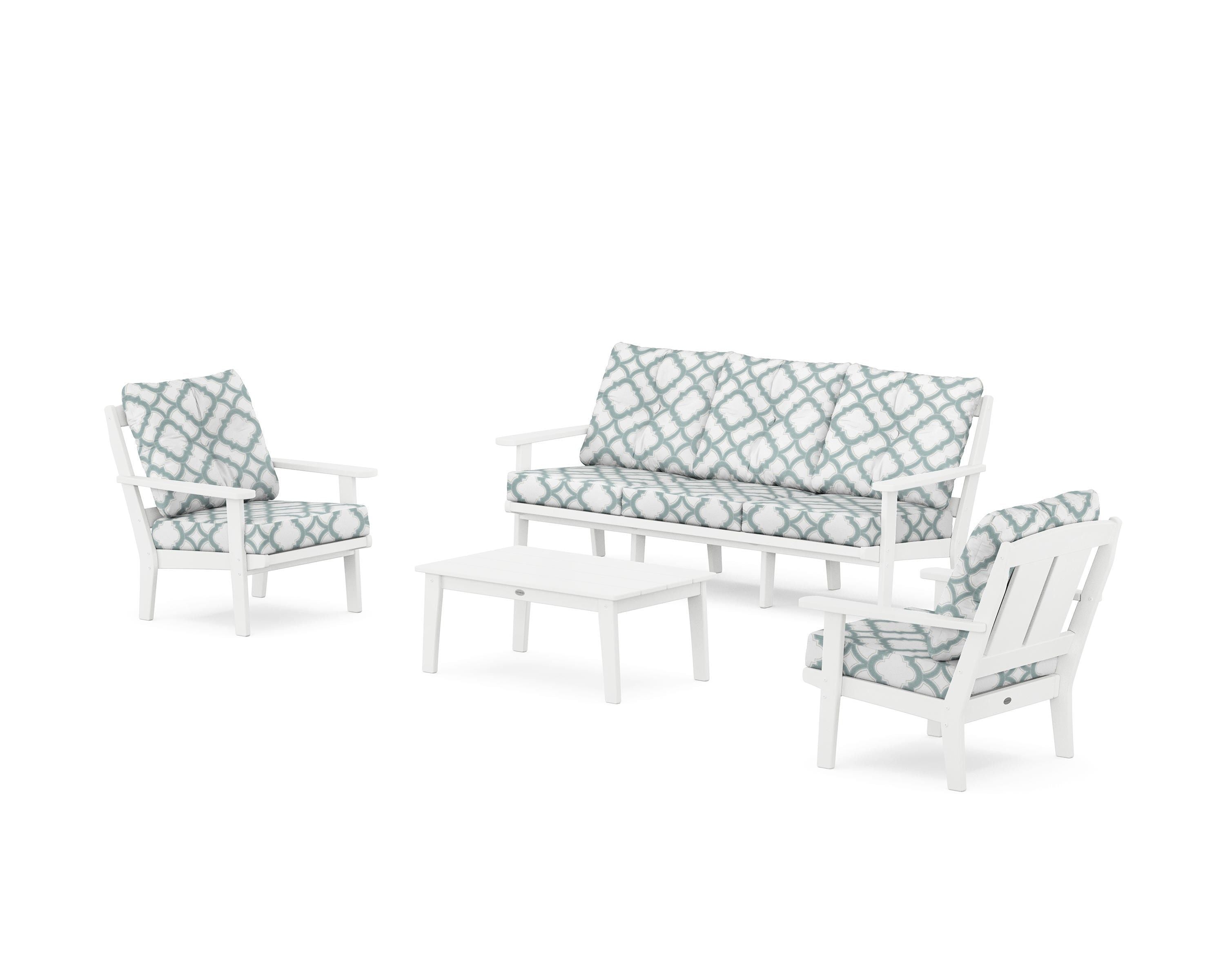 POLYWOOD® Mission 4-Piece Deep Seating Set with Sofa in White / Trellis Glacier Spa
