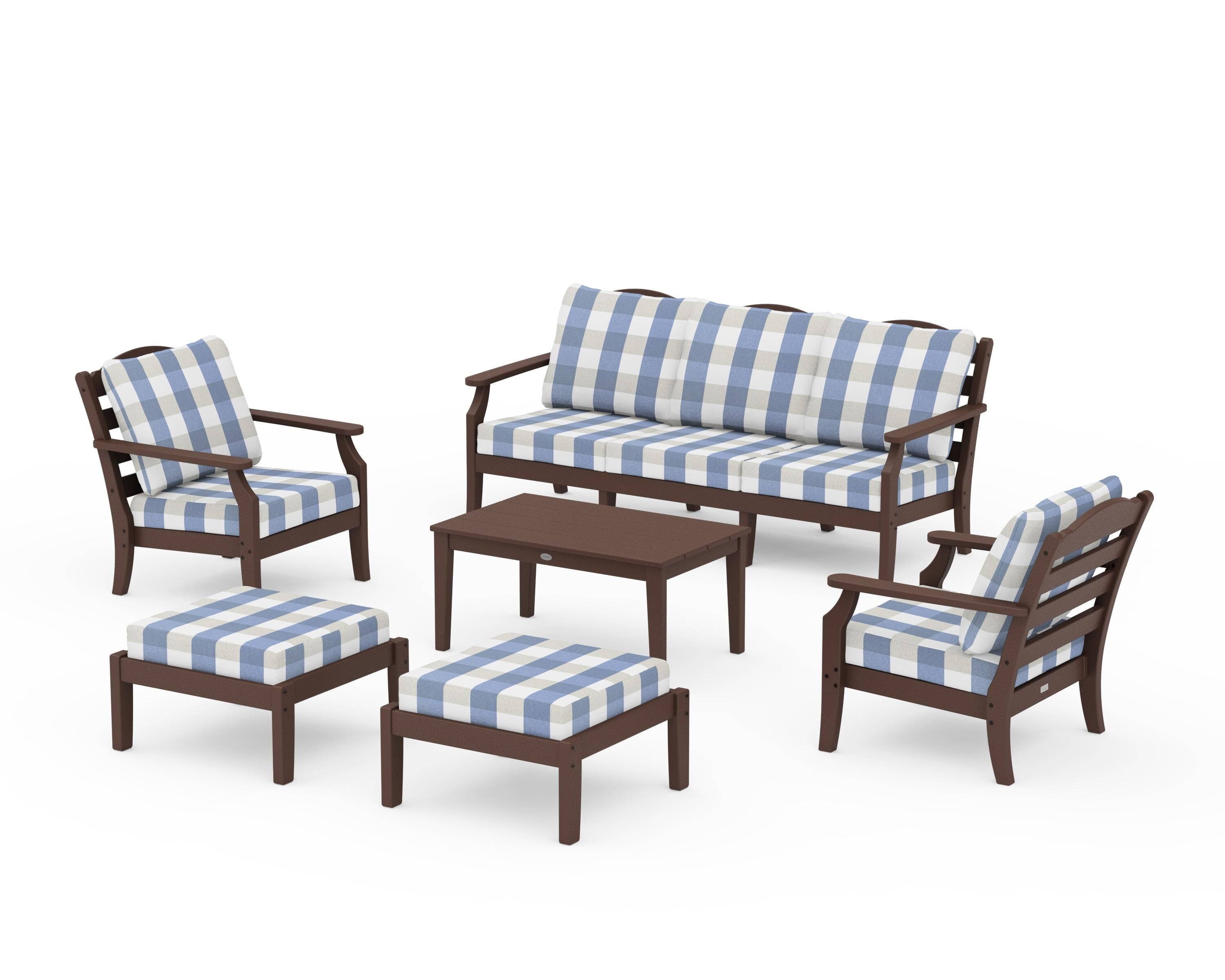 Draper James™ by  POLYWOOD® Savannah 6-Piece Lounge Sofa Set in Mahogany / Buffalo Plaid Sky Blue