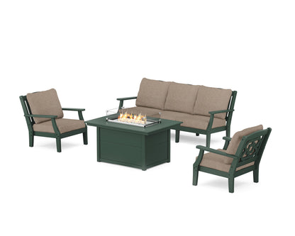 Martha Stewart by POLYWOOD® Chinoiserie Deep Seating Fire Pit Table Set in Green / Spiced Burlap