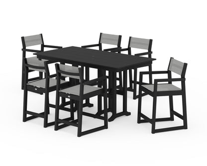 POLYWOOD® EDGE Sling Arm Chair 7-Piece Farmhouse Counter Set in Black / Metallic Sling