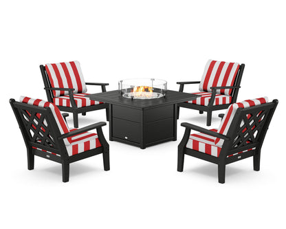 Country Living Wovendale 5-Piece Deep Seating Set with Fire Pit Table in Black / Cabana Stripe Crimson