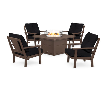 POLYWOOD® Prairie 5-Piece Deep Seating Set with Fire Pit Table in Mahogany / Midnight Linen