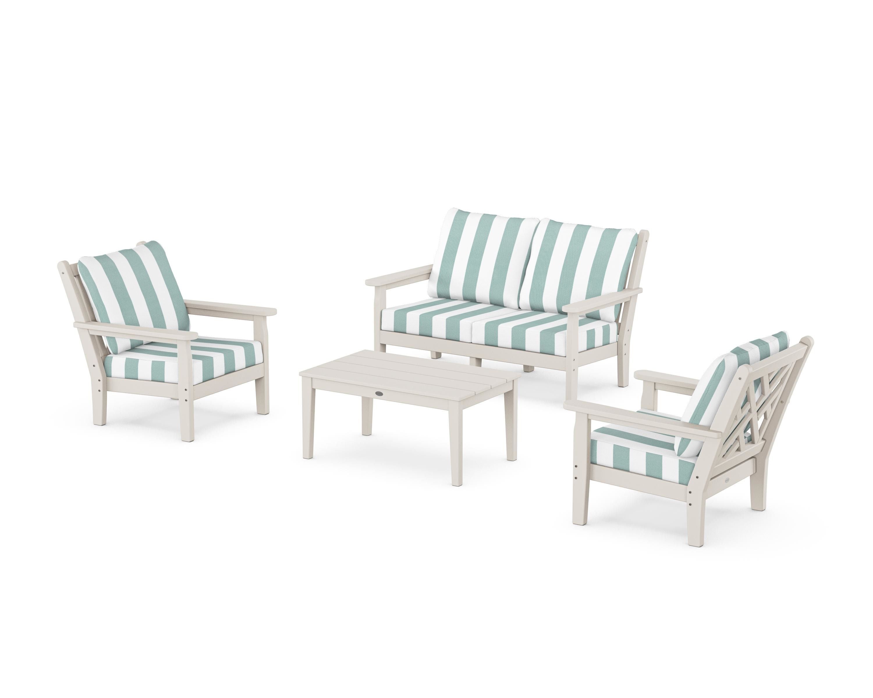 POLYWOOD® Chippendale 4-Piece Deep Seating Set with Loveseat in Sand / Cabana Stripe Glacier Spa