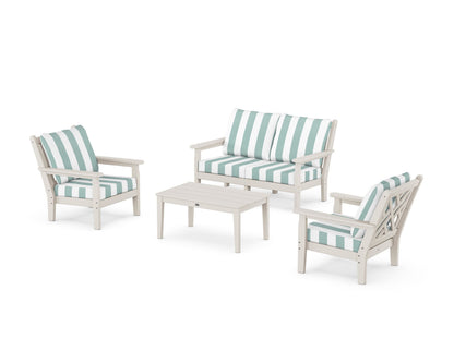POLYWOOD® Chippendale 4-Piece Deep Seating Set with Loveseat in Sand / Cabana Stripe Glacier Spa