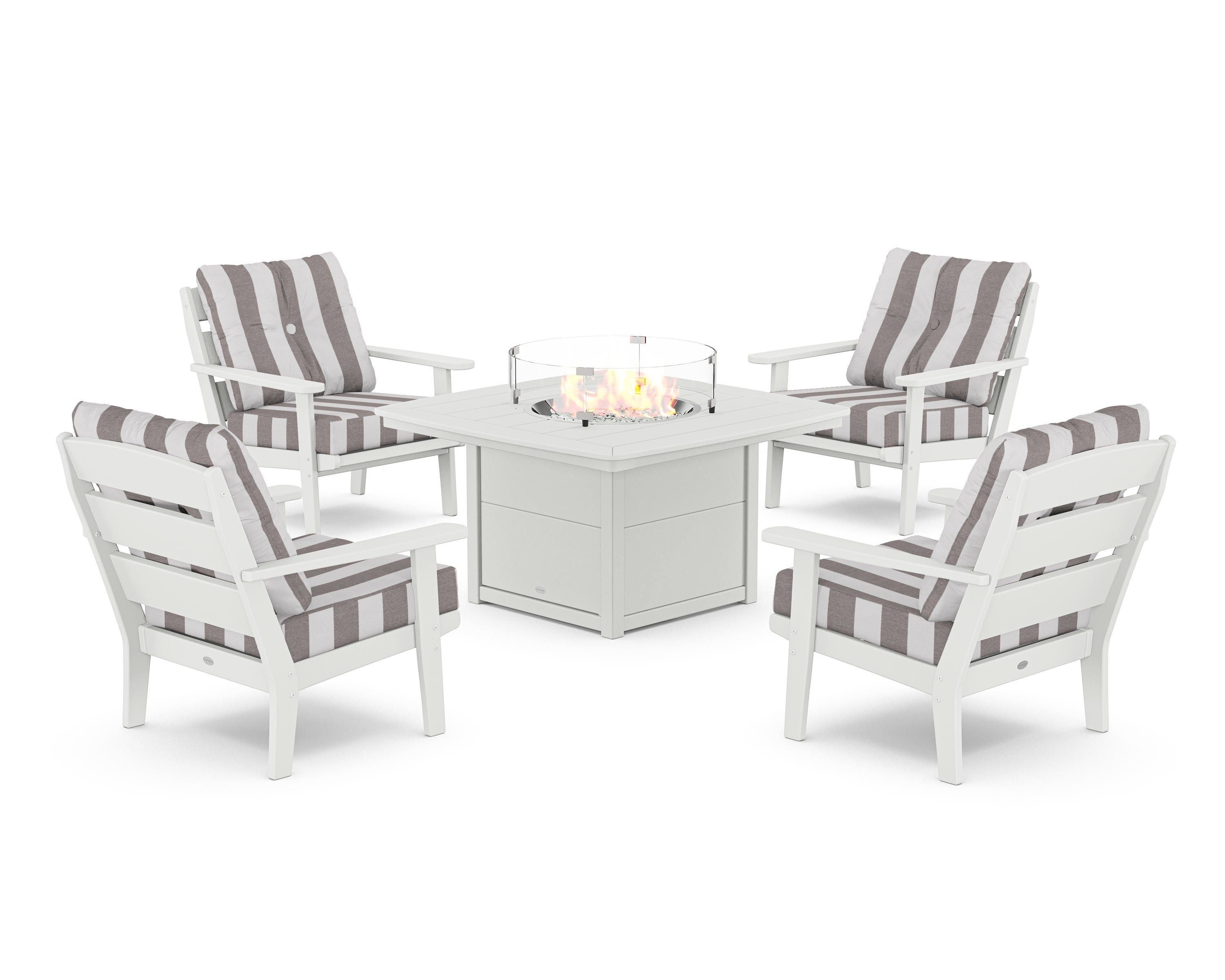 POLYWOOD® Lakeside 5-Piece Deep Seating Set with Nautical Fire Pit Table in White / Cabana Stripe Grey Mist
