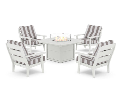 POLYWOOD® Lakeside 5-Piece Deep Seating Set with Nautical Fire Pit Table in White / Cabana Stripe Grey Mist