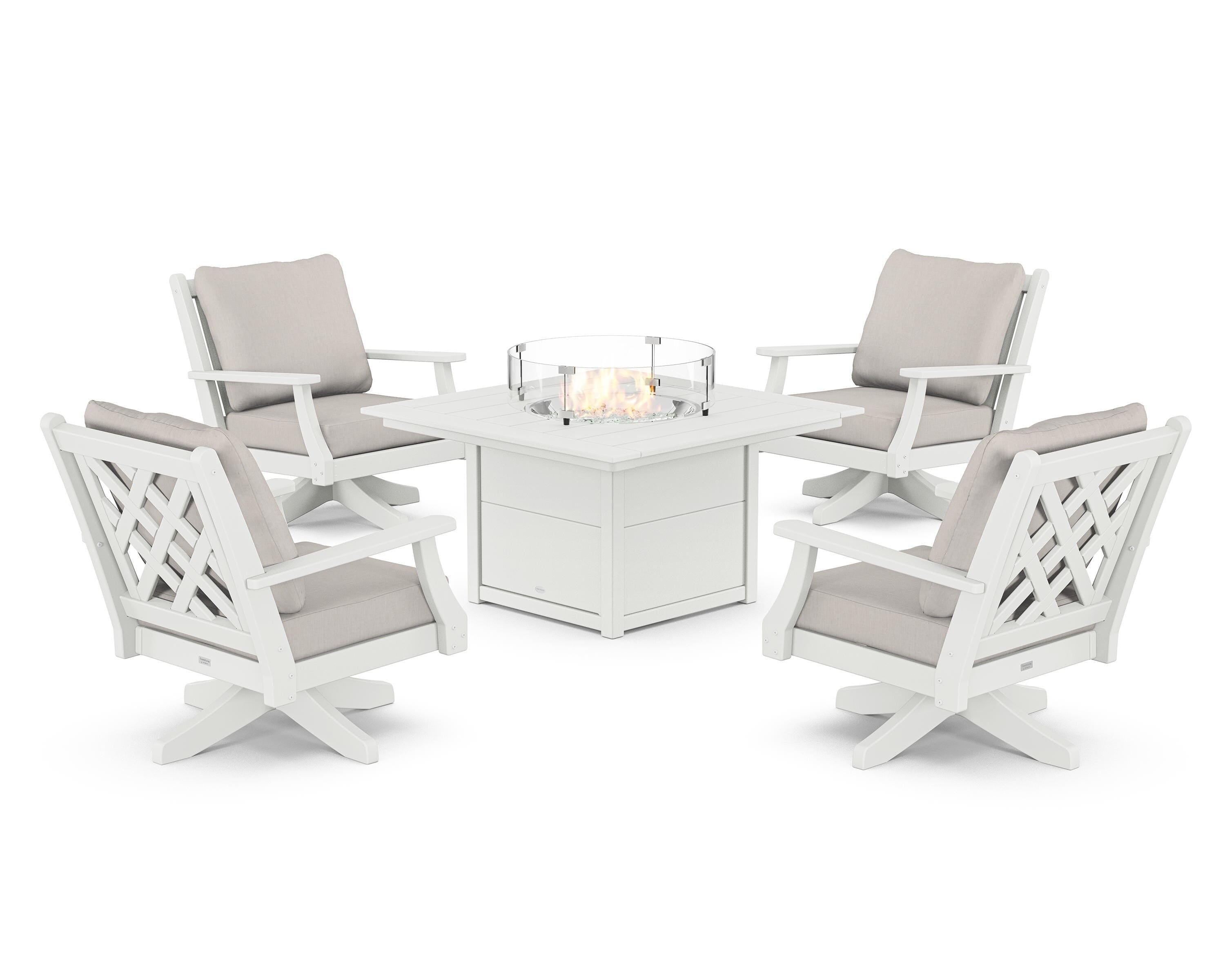 Country Living Wovendale 5-Piece Deep Seating Swivel Conversation Set with Fire Pit Table in White / Cast Ash