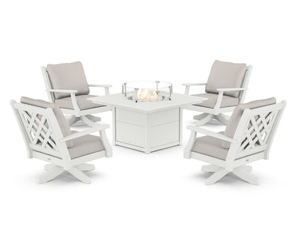 Country Living Wovendale 5-Piece Deep Seating Swivel Conversation Set with Fire Pit Table in White / Cast Ash