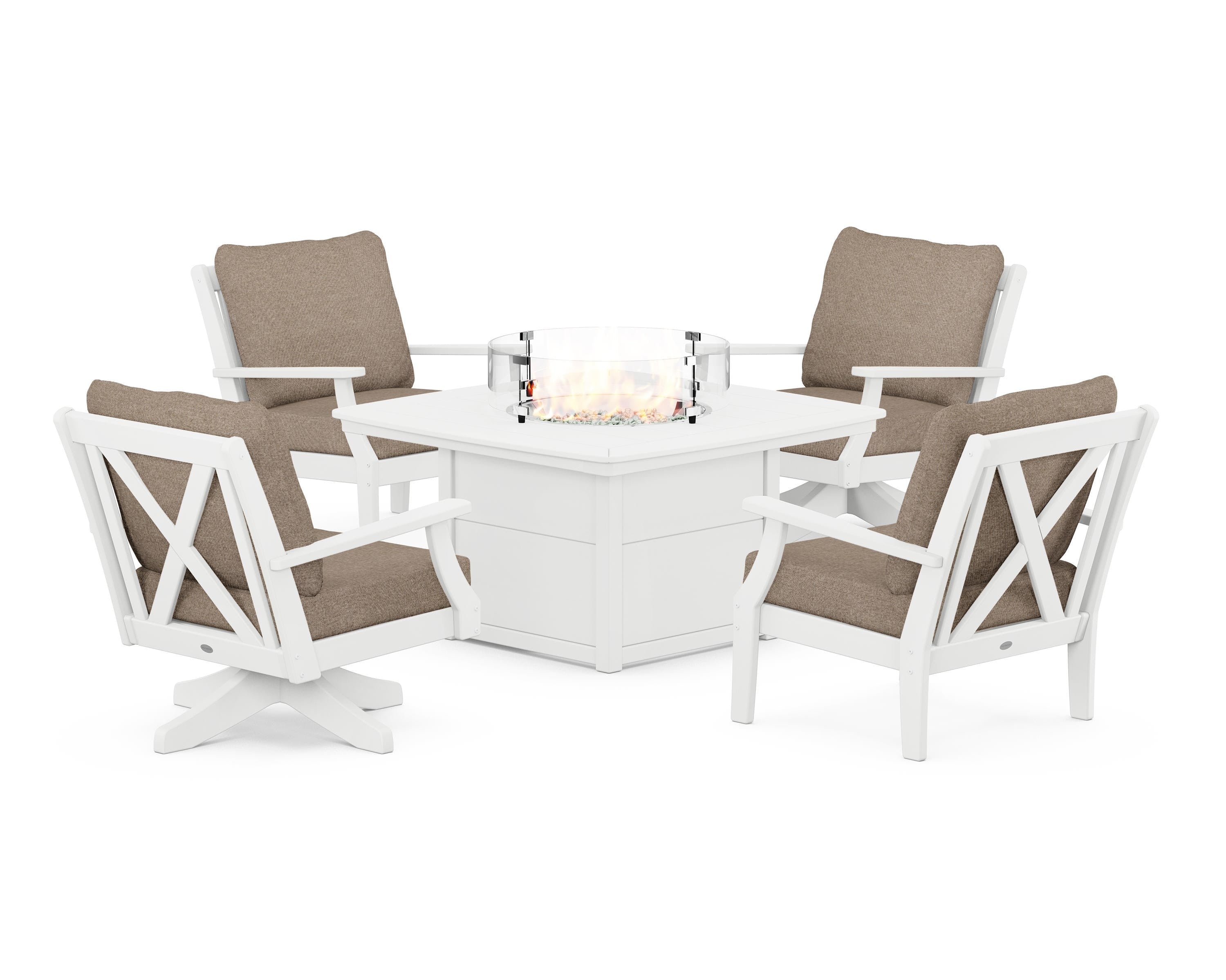 POLYWOOD® Braxton 5-Piece Deep Seating Set with Fire Table in White / Spiced Burlap