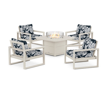 POLYWOOD® EDGE Sectional 5-Piece Deep Seating Set with Fire Pit Table in Sand / Leaf Marine Indigo