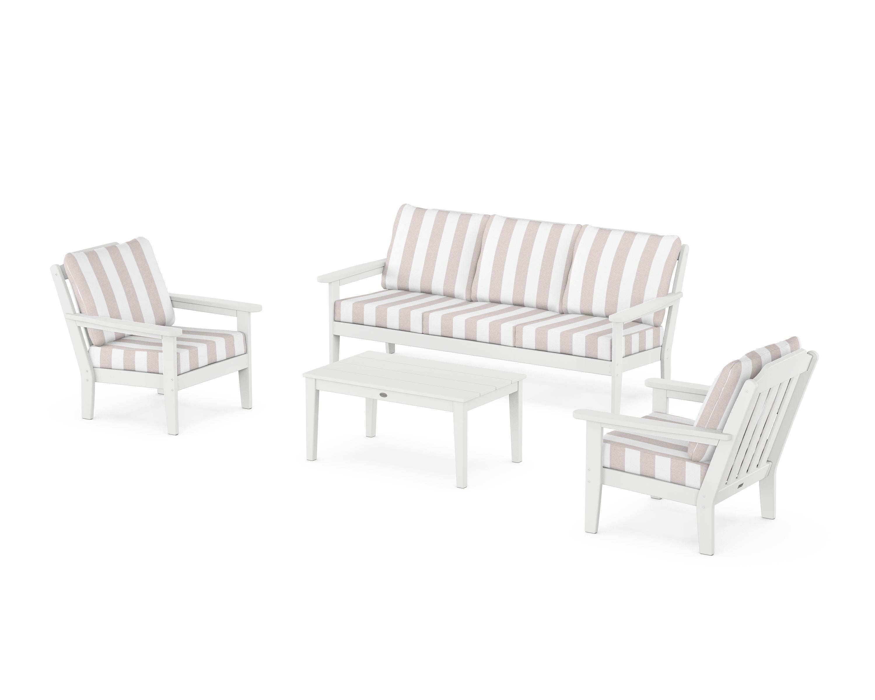 Country Living Cottage 4-Piece Deep Seating Set with Sofa in White / Cabana Stripe Dune Burlap
