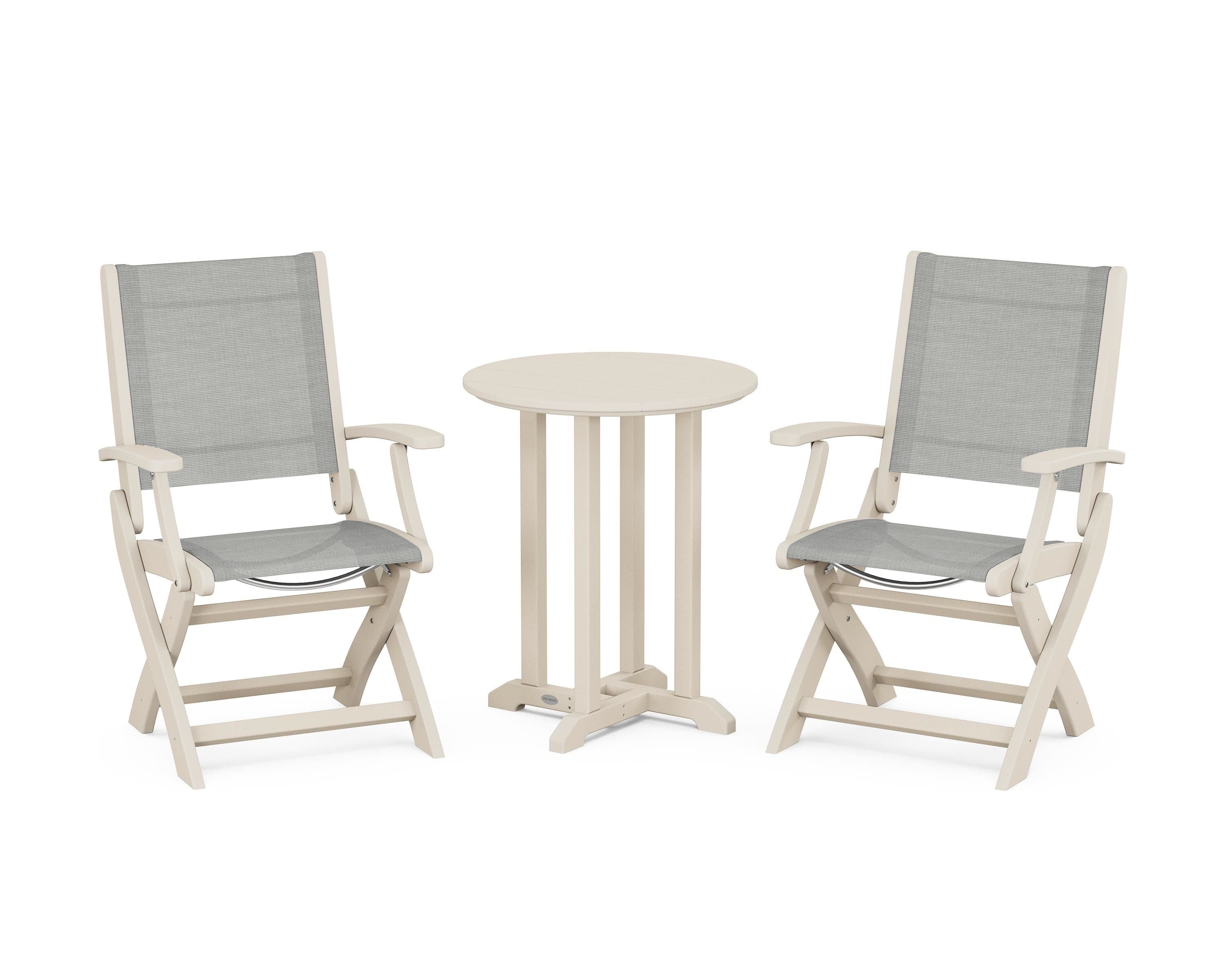 POLYWOOD® Coastal Folding 3-Piece Round Bistro Dining Set in Sand / Metallic Sling