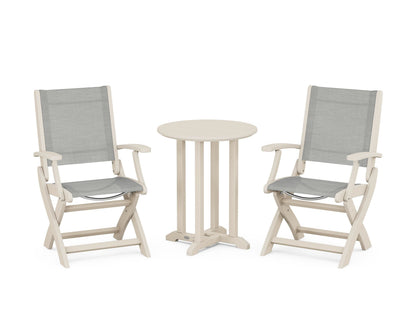 POLYWOOD® Coastal Folding 3-Piece Round Bistro Dining Set in Sand / Metallic Sling